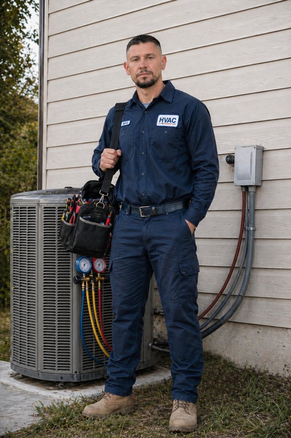 Dmitry with gauges next to an outdoor AC condenser